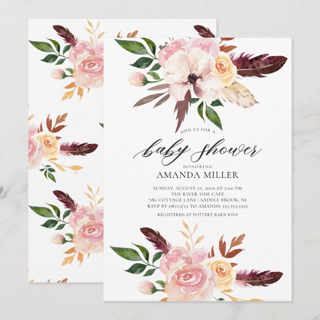 Invitación Rubor Pink Flowers Feathers Baby Shower (Anverso / Reverso)