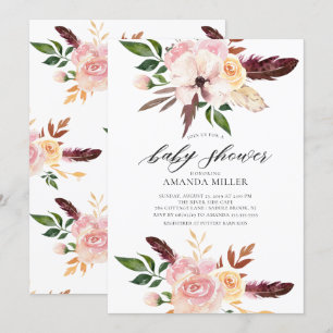 Invitación Rubor Pink Flowers Feathers Baby Shower