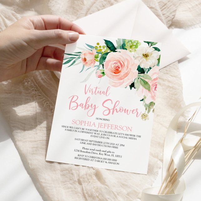 Invitación Rubor Pink Flowers Virtual Baby Shower (Subido por el creador)