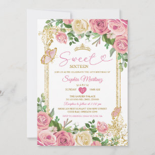 Invitación Rubor Pink Garden Floral Sweet 16th Chica Cumpleañ