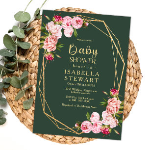 Invitación Rubor Pink Geometric Royal Green Baby Shower