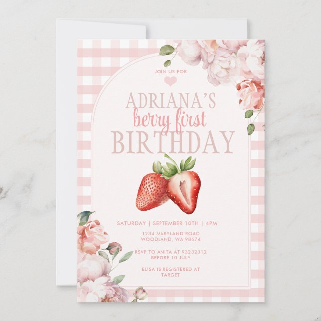 Invitación Rubor Pink Gingham Berry Sweet Birthday (Anverso)