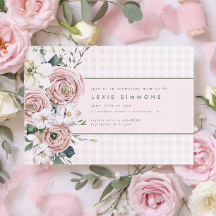 Invitación Rubor Pink Gingham Flower Garden Baby Shower