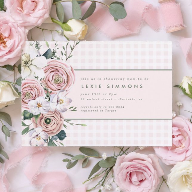 Invitación Rubor Pink Gingham Flower Garden Baby Shower (Subido por el creador)