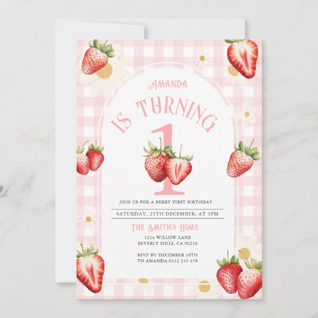 Invitación Rubor Pink Gingham Strawberry Daisy Birthday (Anverso)
