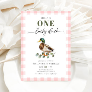 Invitación Rubor Pink Gingham Un Pato Afortunado Primer Cumpl