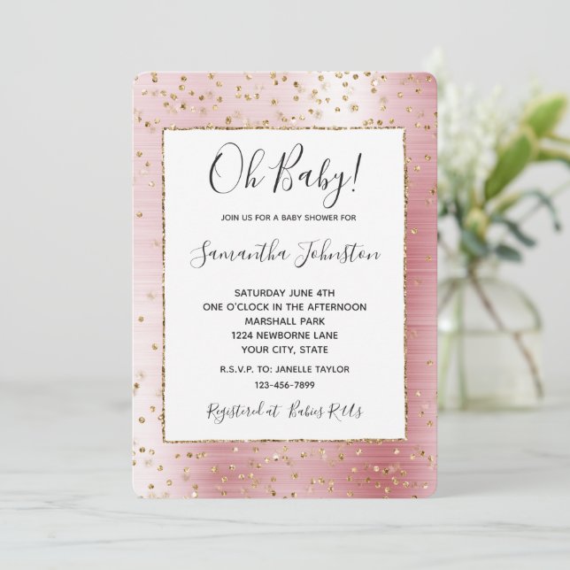 Invitación Rubor Pink Glam Gold Sparkle Confetti Baby Shower (Anverso de pie)