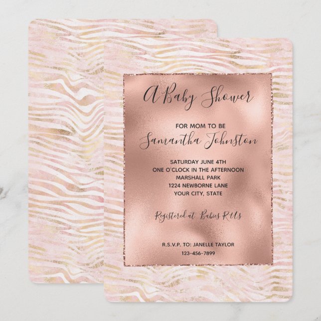 Invitación Rubor Pink Glam Gold Zebra Print Baby Shower (Anverso / Reverso)
