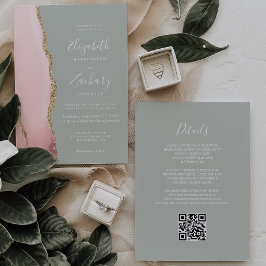 Invitación Rubor Pink Gold Agate Sage Green QR Code Boda