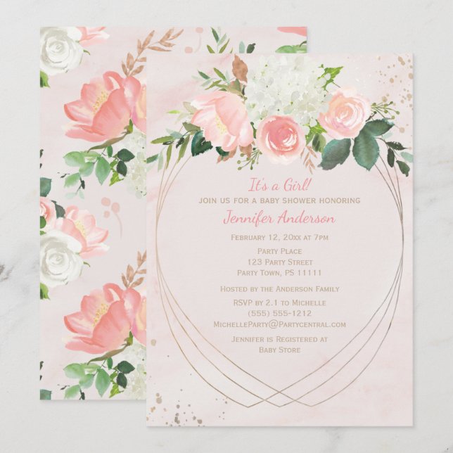 Invitación Rubor Pink Gold Baby Shower (Anverso / Reverso)