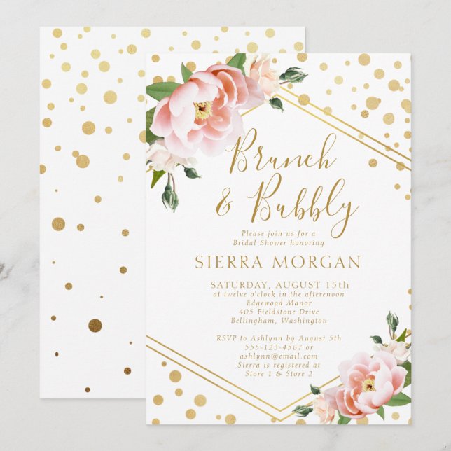 Invitación Rubor Pink Gold Brunch & Bubbly Bridal Shower (Anverso / Reverso)