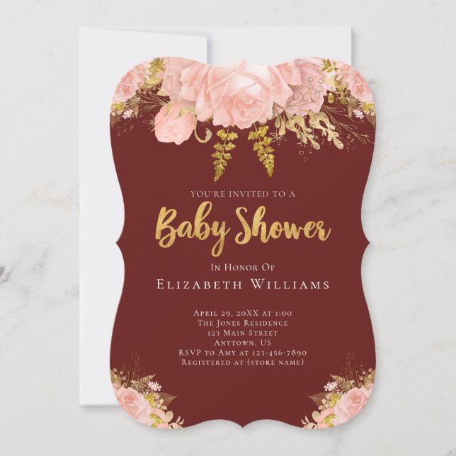 Invitación Rubor Pink Gold Burgung Flower Girl Baby Shower (Anverso)