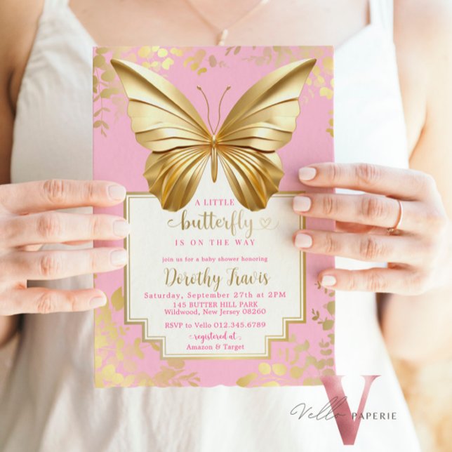 Invitación Rubor Pink Gold Butfly Baby Shower (Subido por el creador)