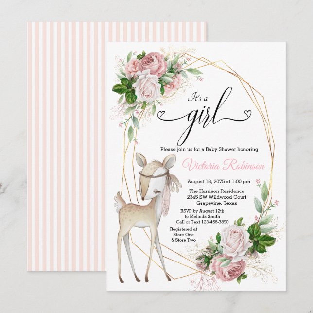 Invitación Rubor Pink Gold Chica Deer Baby Shower (Anverso / Reverso)