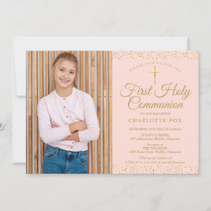 Invitación Rubor Pink Gold Dust First Holy Communition Photo