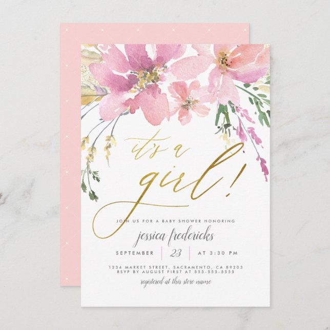 Invitación Rubor Pink & Gold es un Chica Floral Baby Shower (Anverso / Reverso)