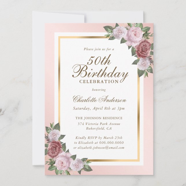 Invitación Rubor Pink Gold Floral 50 cumpleaños (Anverso)