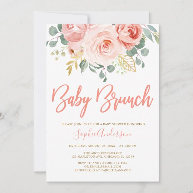 Invitación Rubor Pink Gold Floral Baby Brunch Baby Shower (Anverso)