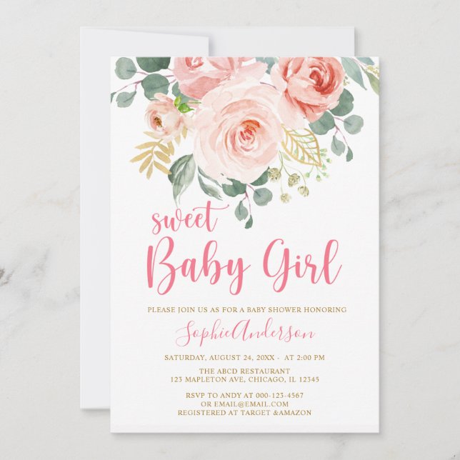 Invitación Rubor Pink Gold Floral Sweet Baby Girl Baby Shower (Anverso)