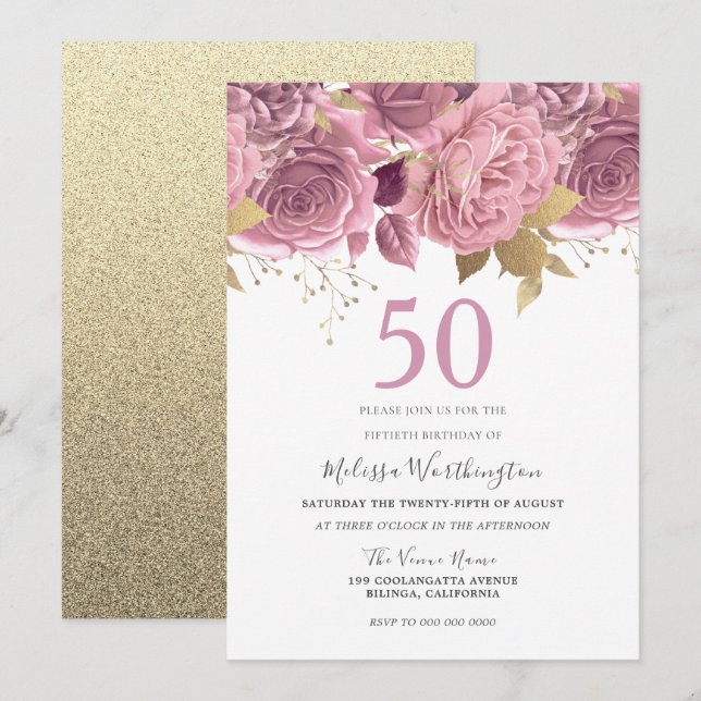 Invitación Rubor Pink Gold Flowers 50th Birthday Party (Anverso / Reverso)