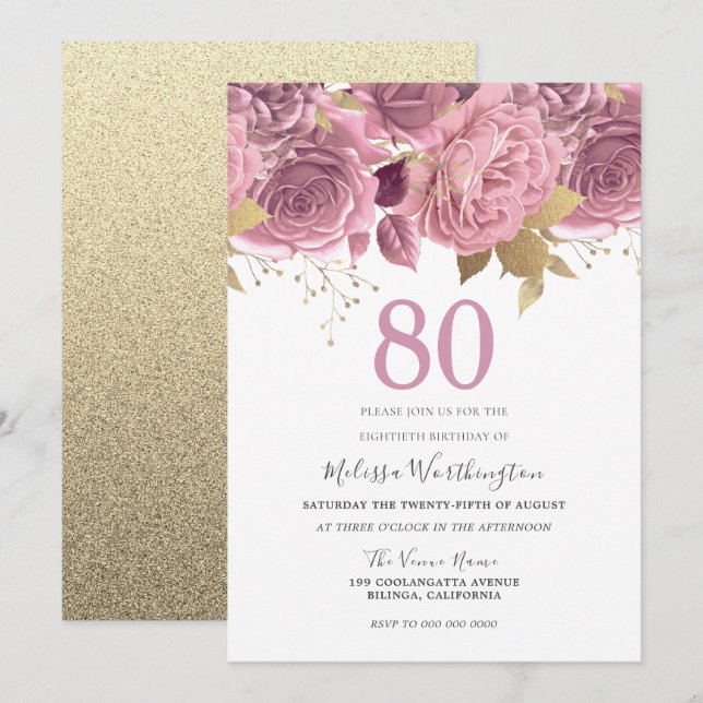 Invitación Rubor Pink Gold Flowers 80th Birthday Party (Anverso / Reverso)