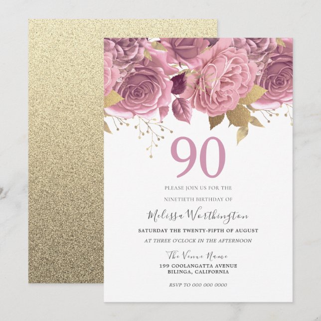 Invitación Rubor Pink Gold Flowers 90th Birthday Party (Anverso / Reverso)