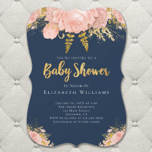 Invitación Rubor Pink Gold Navy Blue Flower Girl Baby Shower