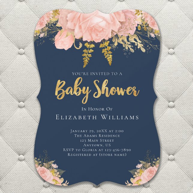 Invitación Rubor Pink Gold Navy Blue Flower Girl Baby Shower (Subido por el creador)