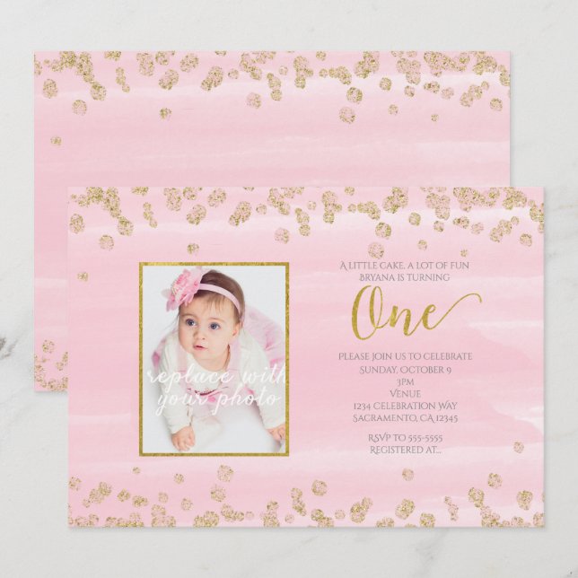 Invitación Rubor Pink Gold One First Birthday Photo Invitatio (Anverso / Reverso)