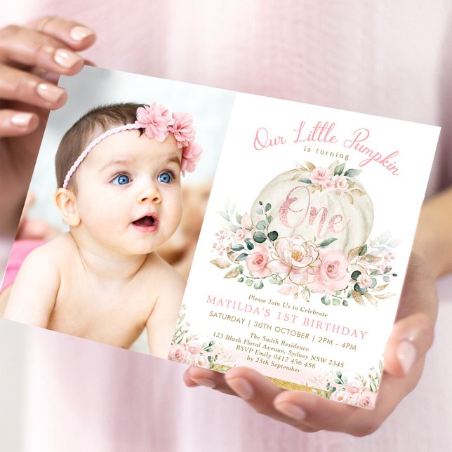 Invitación Rubor Pink Gold Pumpkin 1er cumpleaños Fall Floral (Subido por el creador)