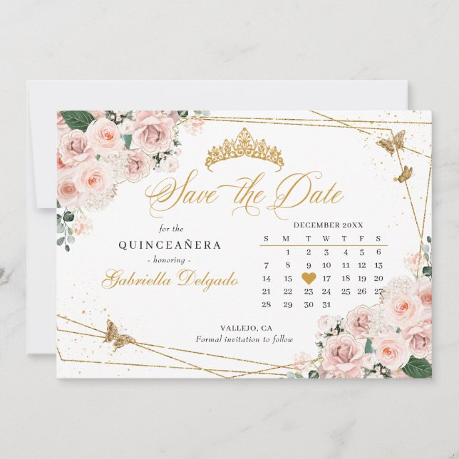 Invitación Rubor Pink & Gold Quinceañera Salva La Fecha (Anverso)