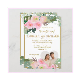 Invitación Rubor Pink Gold Romantic Floral Photo QR Boda
