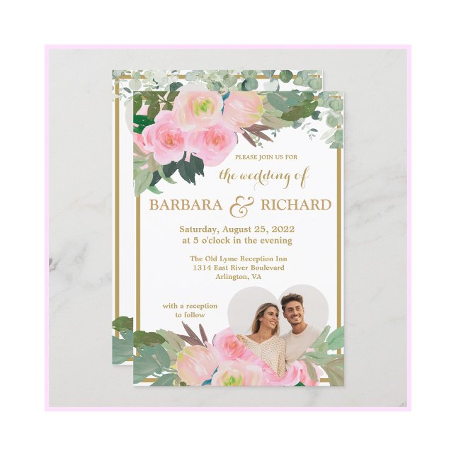 Invitación Rubor Pink Gold Romantic Floral Photo QR Boda (Subido por el creador)