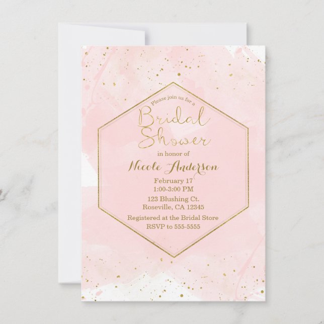 Invitación Rubor Pink & Gold Splatter Ducha Nodal Moderna (Anverso)