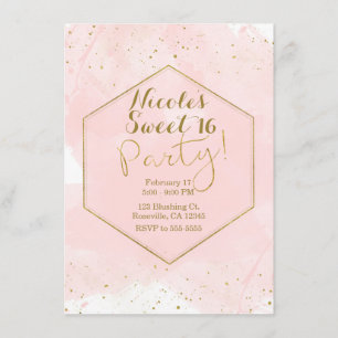 Invitación Rubor Pink & Gold Splatter Modern Sweet 16 Fiesta