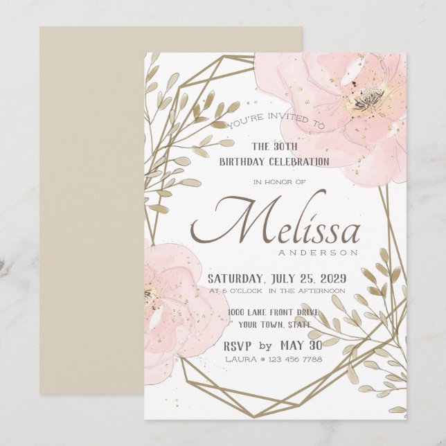 Invitación Rubor Pink Gold & Taupe Floral su cumpleaños (Anverso / Reverso)