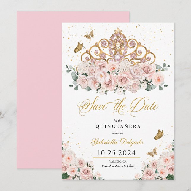 Invitación Rubor Pink & Gold Tiara Salva La Fecha Quinceañera (Anverso / Reverso)