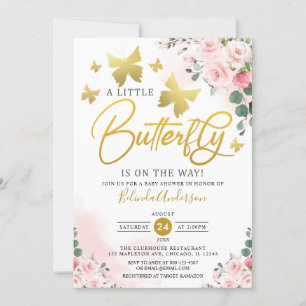Invitación Rubor Pink Gold Un Pequeño Baby Shower De Mariposa