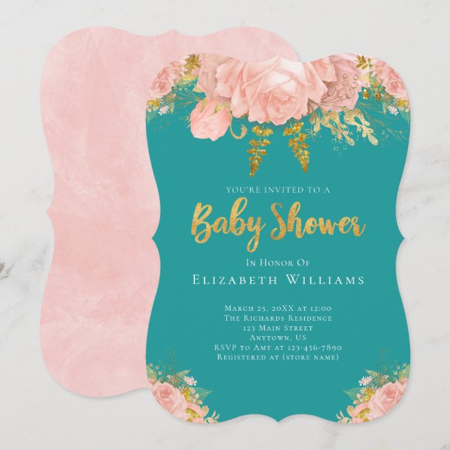 Invitación Rubor Pink Gold Verde azulado Flower Girl Baby Sho (Anverso / Reverso)