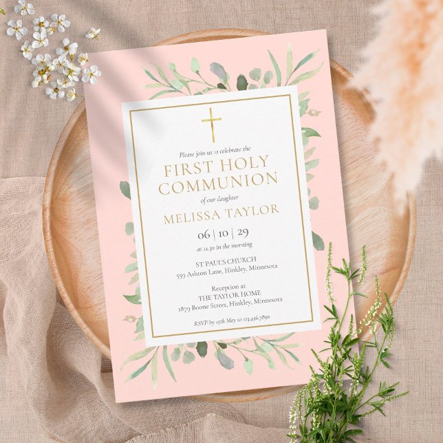 Invitación Rubor Pink Greenery First Holy Communia (Subido por el creador)
