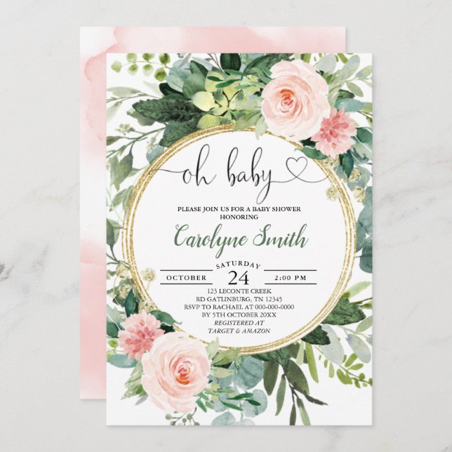 Invitación Rubor Pink Greenery Oh Baby Girl Baby Shower (Anverso / Reverso)