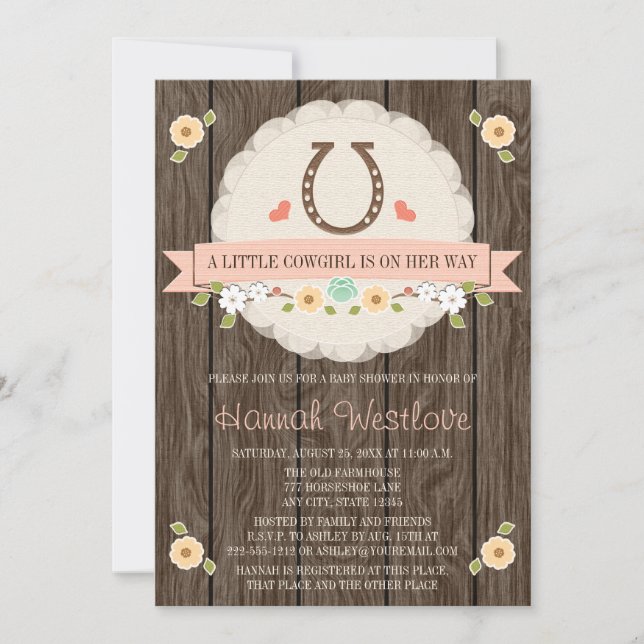 INVITACIÓN RUBOR PINK HORSESHOE WESTERN COWGJIRL BABY SHOWER (Anverso)