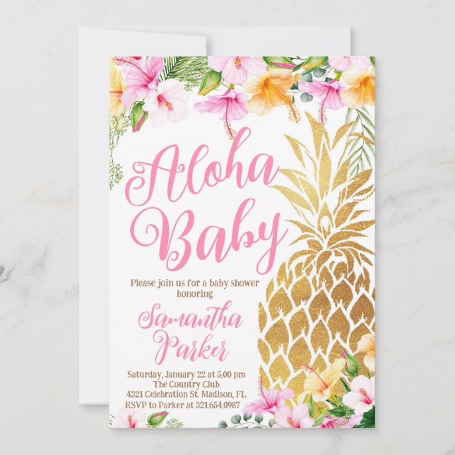 Invitación Rubor Pink Hula sobre la Baby Shower de Luau Pinea (Anverso)