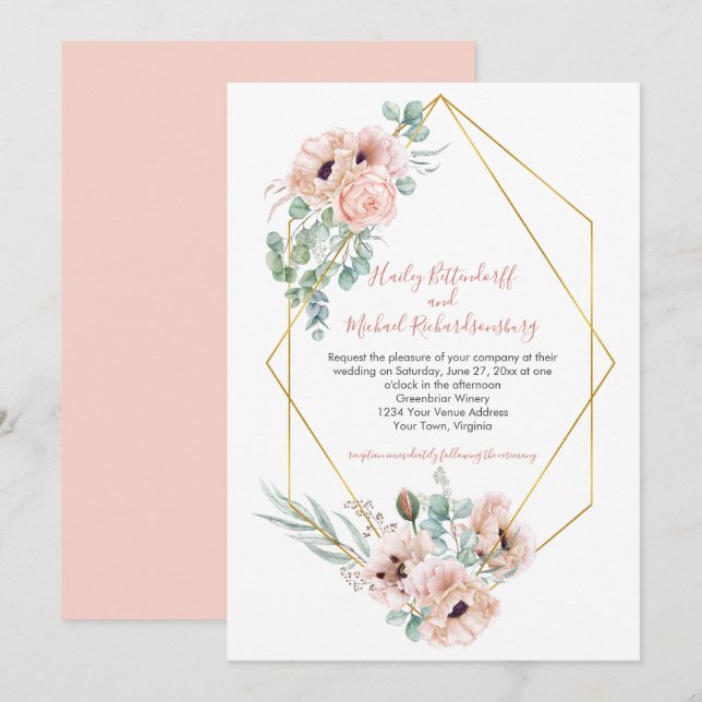 Invitación Rubor Pink Ivory Poppies Greeneration Gold Geometr (Anverso / Reverso)