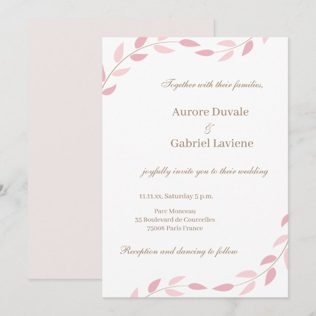 Invitación Rubor Pink Leaves Botánicas Elegantes Otoño (Anverso / Reverso)