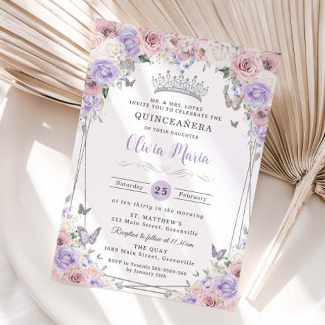 Invitación Rubor Pink Lilac White Floral Silver Quinceañera (Subido por el creador)