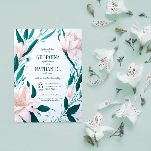 Invitación Rubor Pink Lilies Emerald Leaves Spring Wedding (Subido por el creador)