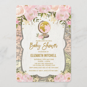 Invitación Rubor Pink Map Baby Shower Invitar aventura de via