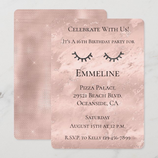 Invitación Rubor Pink Marble Glitzy Purpurina negro Eyelashes (Anverso / Reverso)