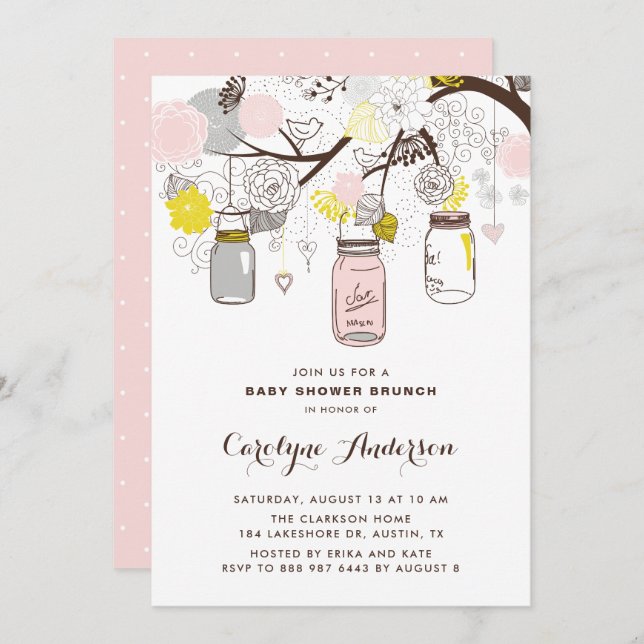 Invitación Rubor Pink Mason Jars Floral Baby Shower Brunch (Anverso / Reverso)